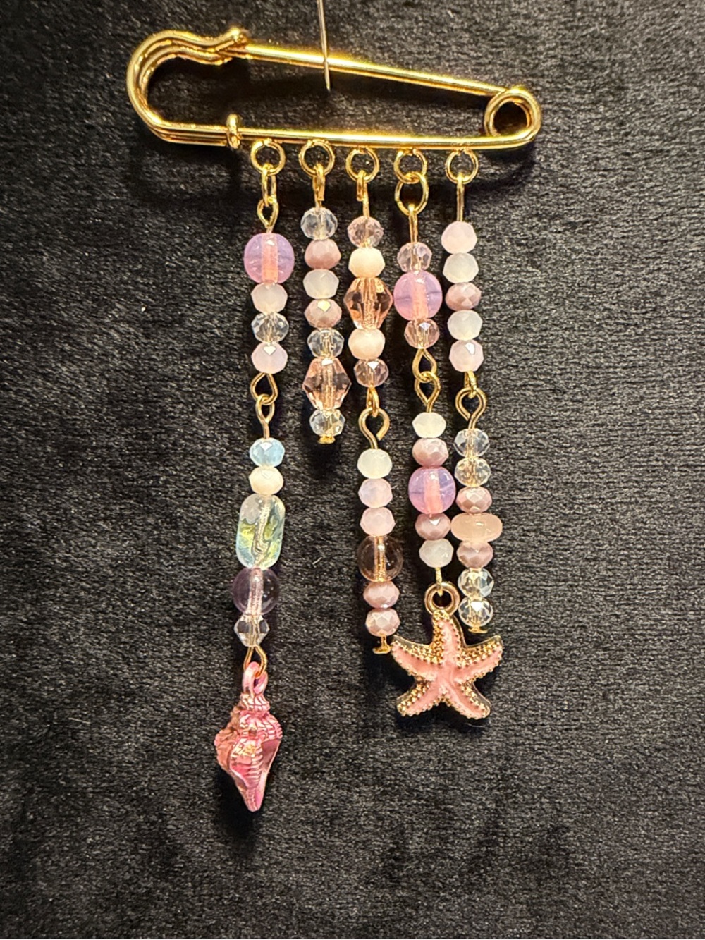 Gold Pin Brooch with Pink Beads and Starfish Charm